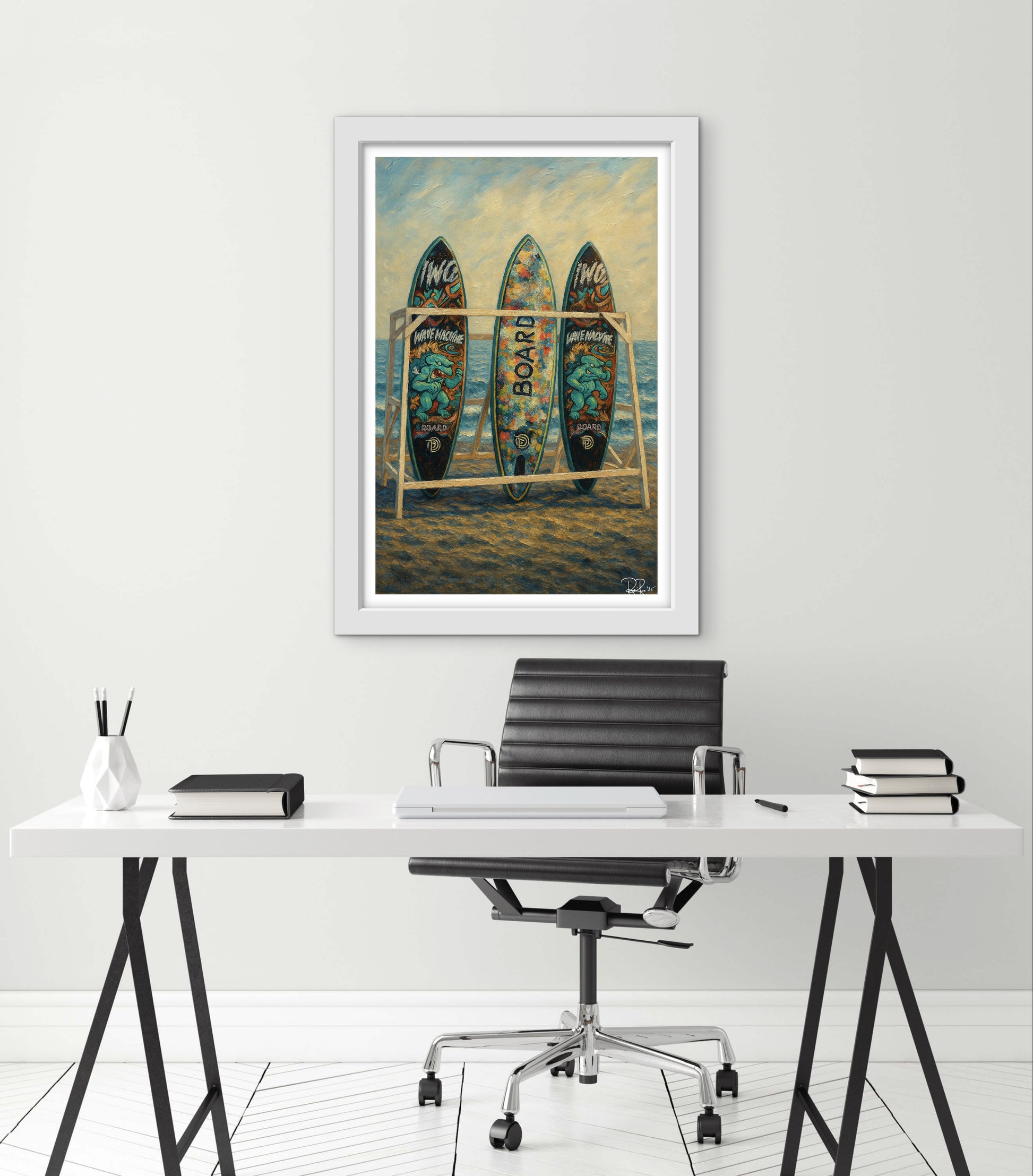 Framed artwork of surfboards on a rack with ocean view above a desk.