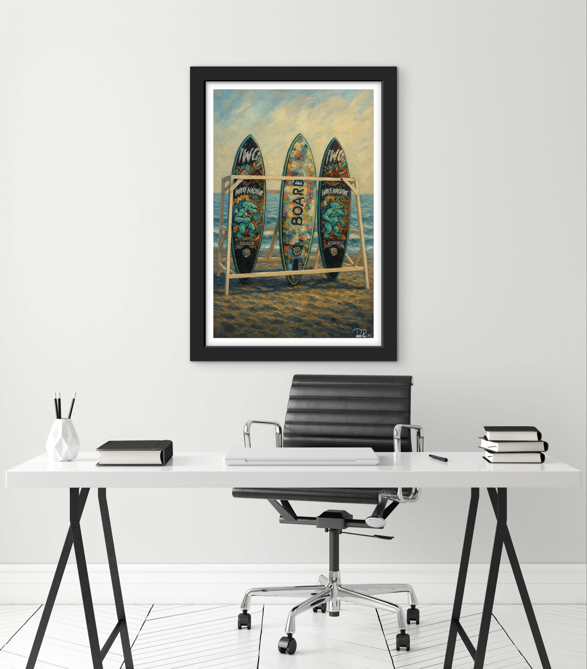 Framed artwork of surfboards on a rack above a desk with office furniture.