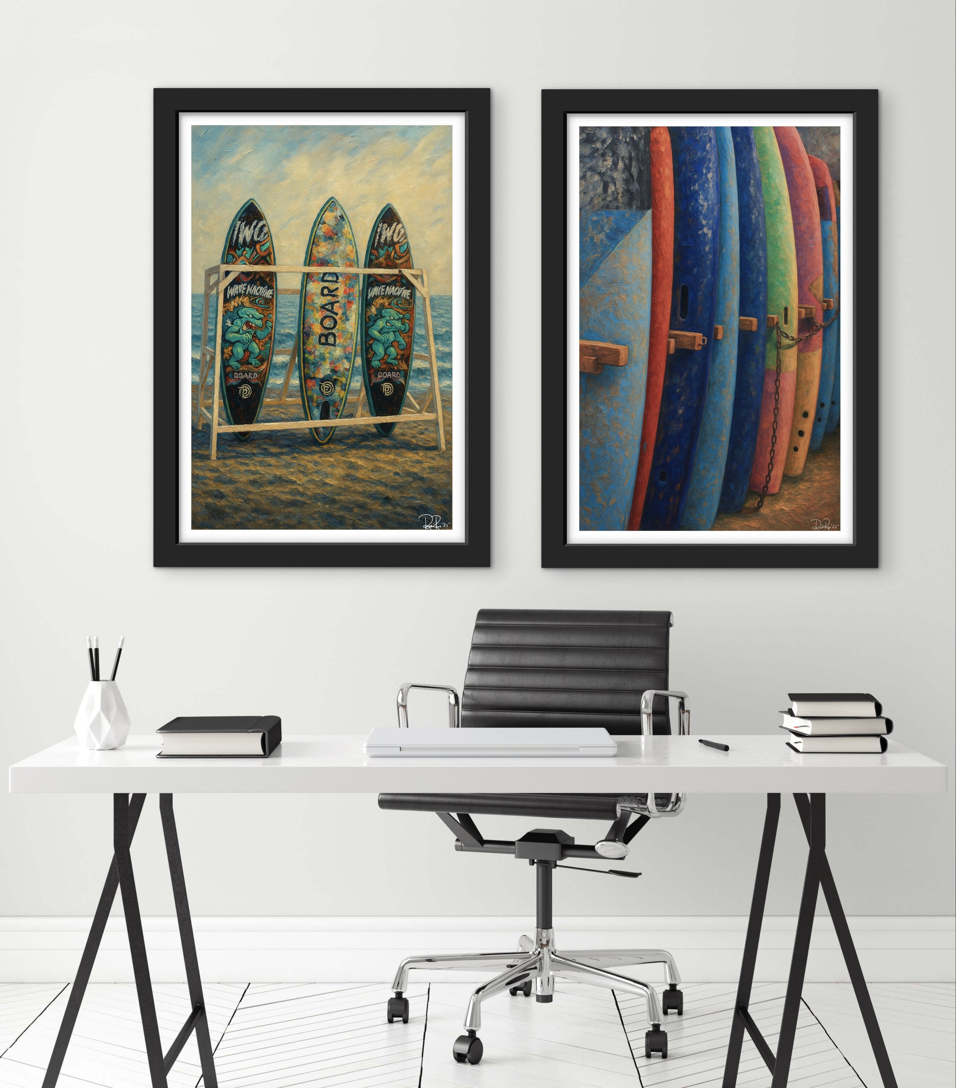 Two framed artworks of surfboards on a wall above a desk with office furniture.