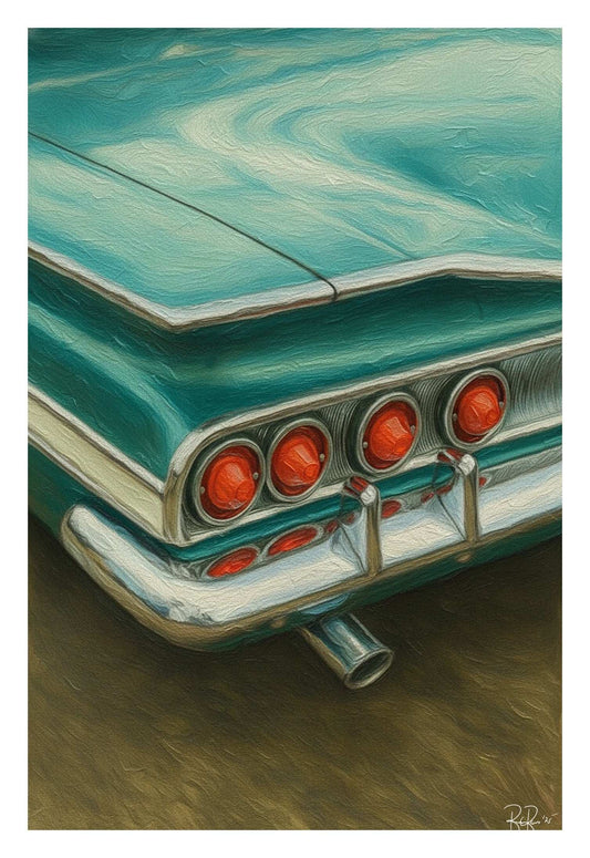 Close-up of a vintage car's tail light assembly with a detailed paint job.