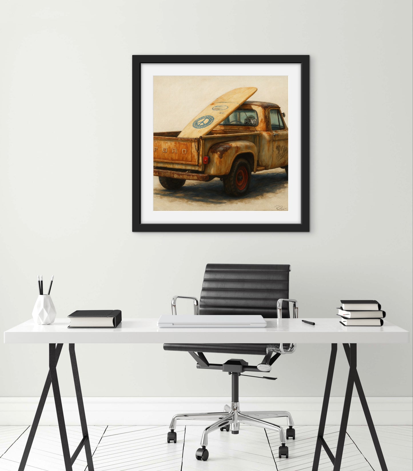 Vintage Ford surf truck oil painting print – rustic coastal wall art, perfect for beach house decor, surfers, and classic car enthusiasts.