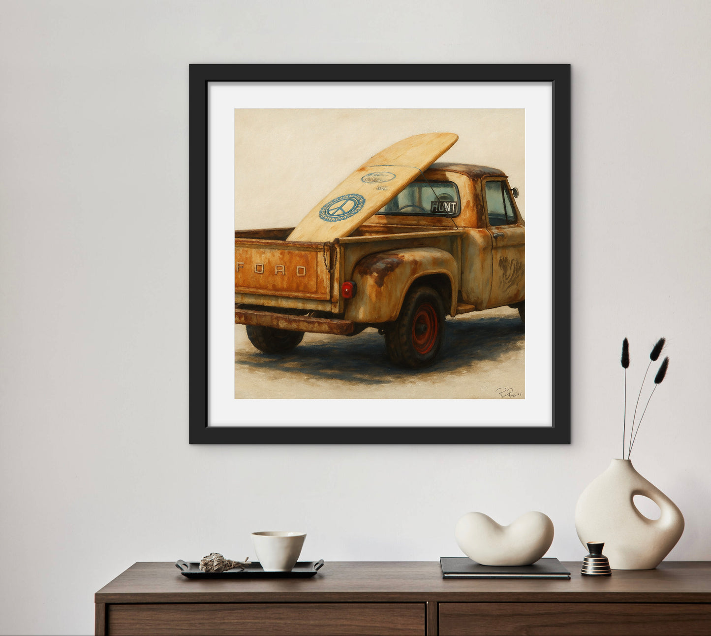 Vintage Ford surf truck oil painting print – rustic coastal wall art, perfect for beach house decor, surfers, and classic car enthusiasts.