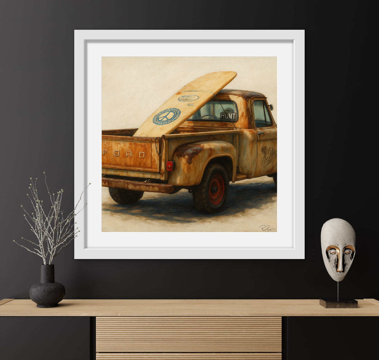 Vintage Ford surf truck oil painting print – rustic coastal wall art, perfect for beach house decor, surfers, and classic car enthusiasts.