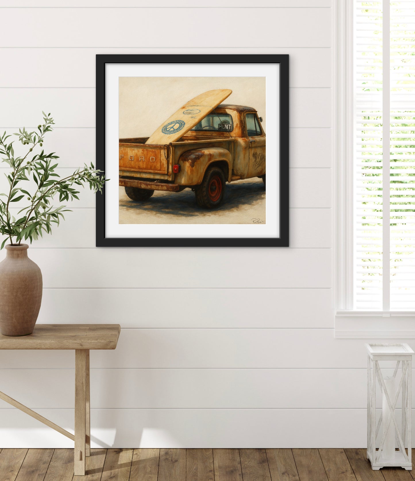 Vintage Ford surf truck oil painting print – rustic coastal wall art, perfect for beach house decor, surfers, and classic car enthusiasts.