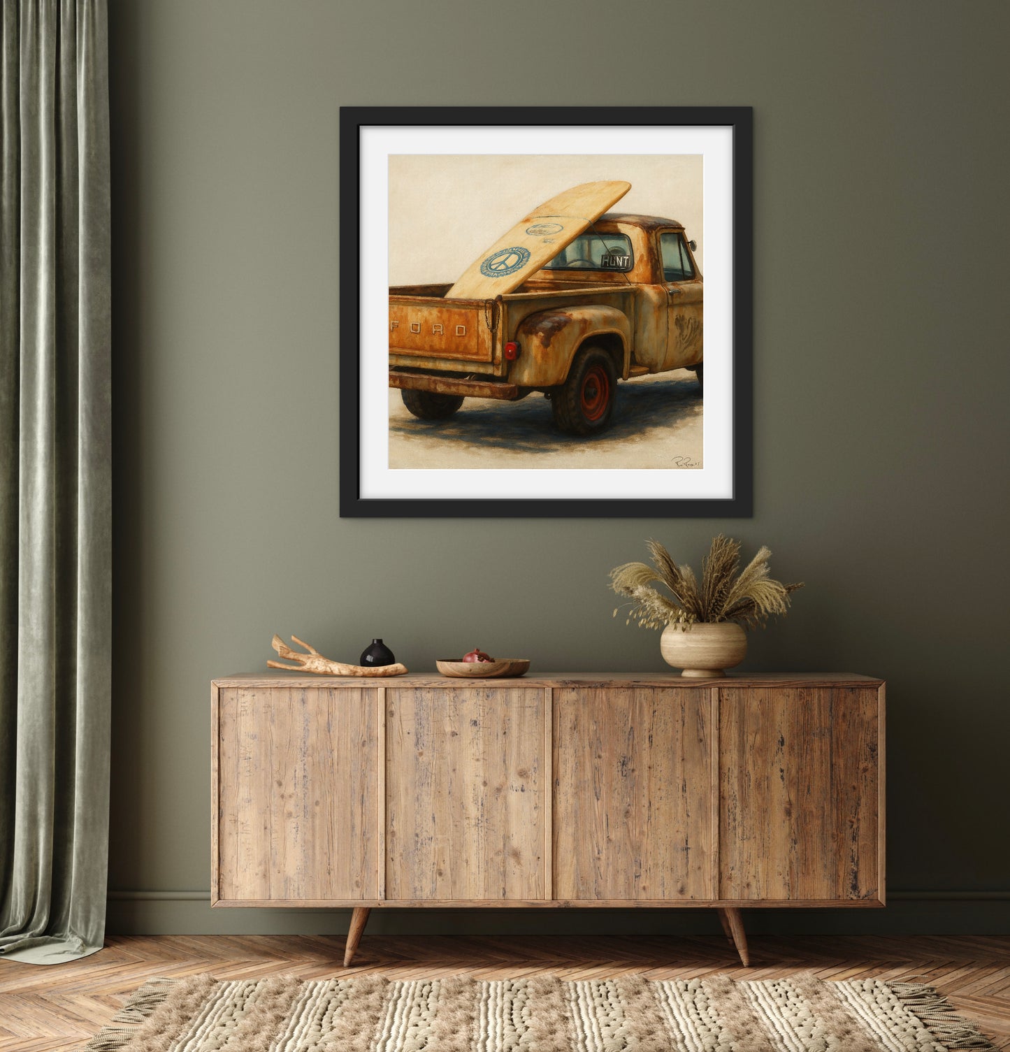 Vintage Ford surf truck oil painting print – rustic coastal wall art, perfect for beach house decor, surfers, and classic car enthusiasts.