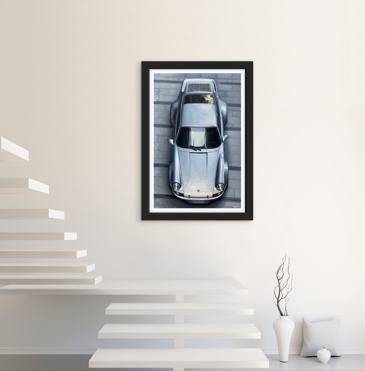 Framed artwork of a car on a wall in a modern interior setting