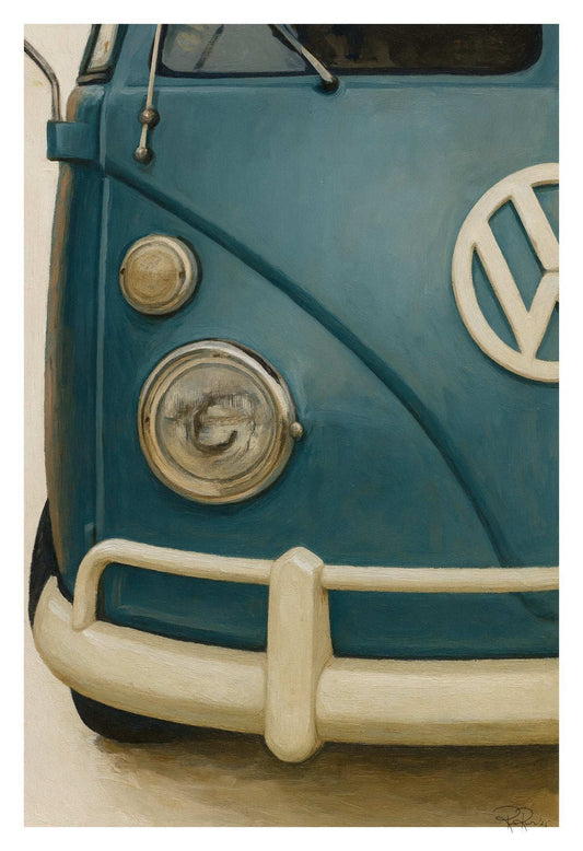 Close-up of a blue Volkswagen van with a white logo on a beige background
