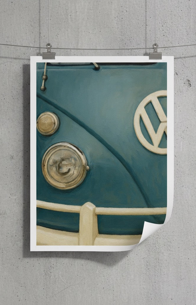 Poster of a vintage Volkswagen Beetle on a gray wall.