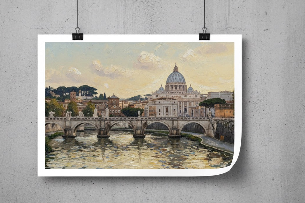 Framed artwork of a cityscape with a prominent building and bridge over water on a gray wall.