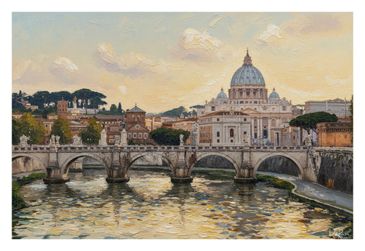 Painting of a cityscape with a prominent dome and bridge over water