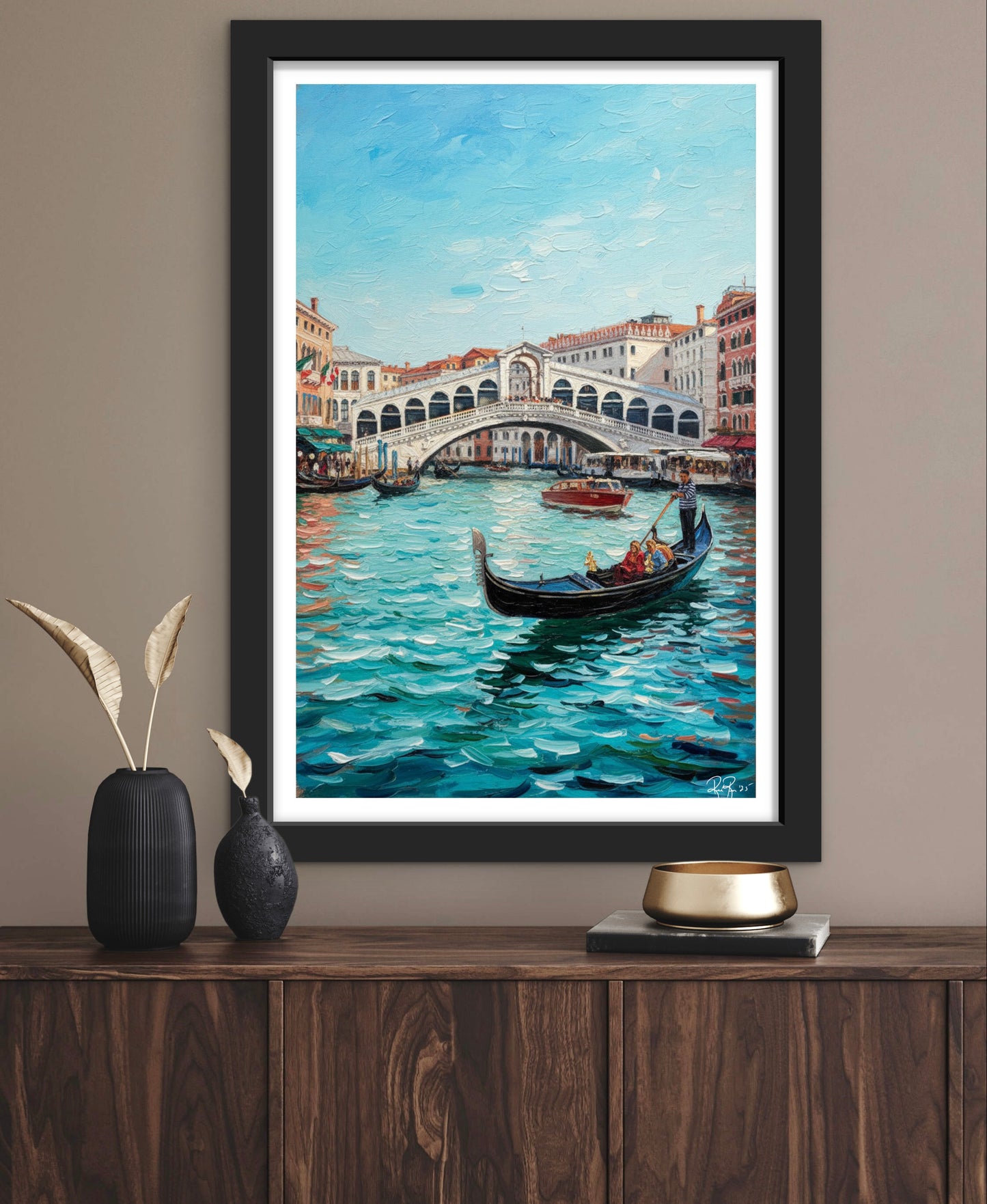 Framed painting of a Venice scene with a gondola and Rialto Bridge.