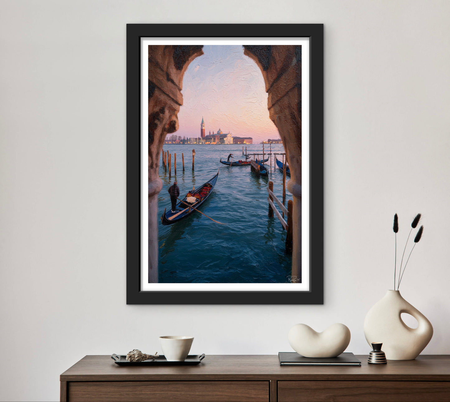Framed photograph of a Venetian canal scene with gondolas and a cityscape.