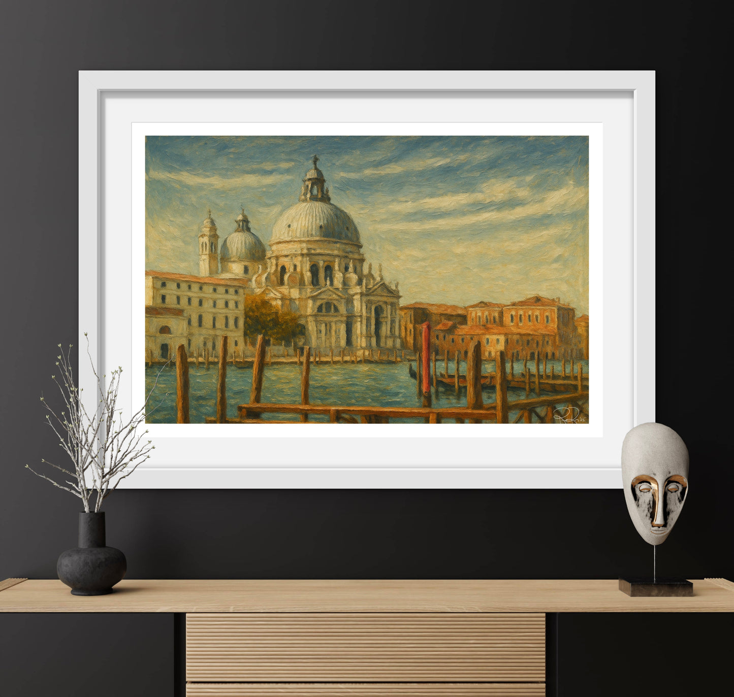 Framed artwork of a cityscape with a large building on a dark wall.