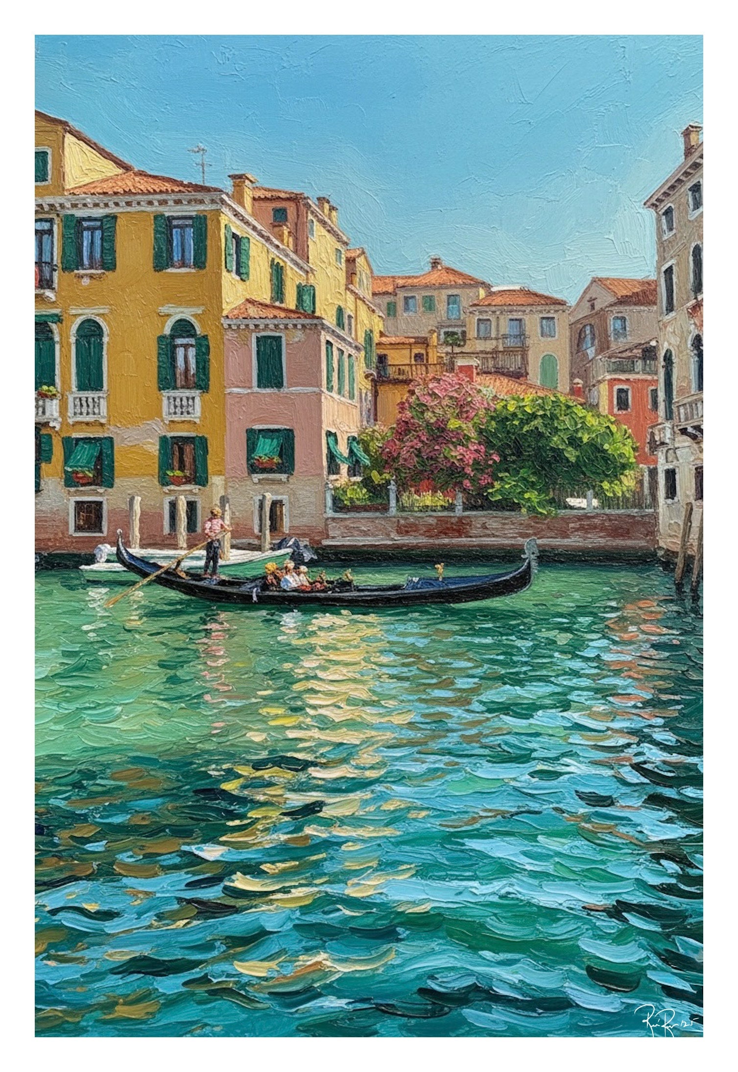 Venetian canal scene with gondola and colorful buildings