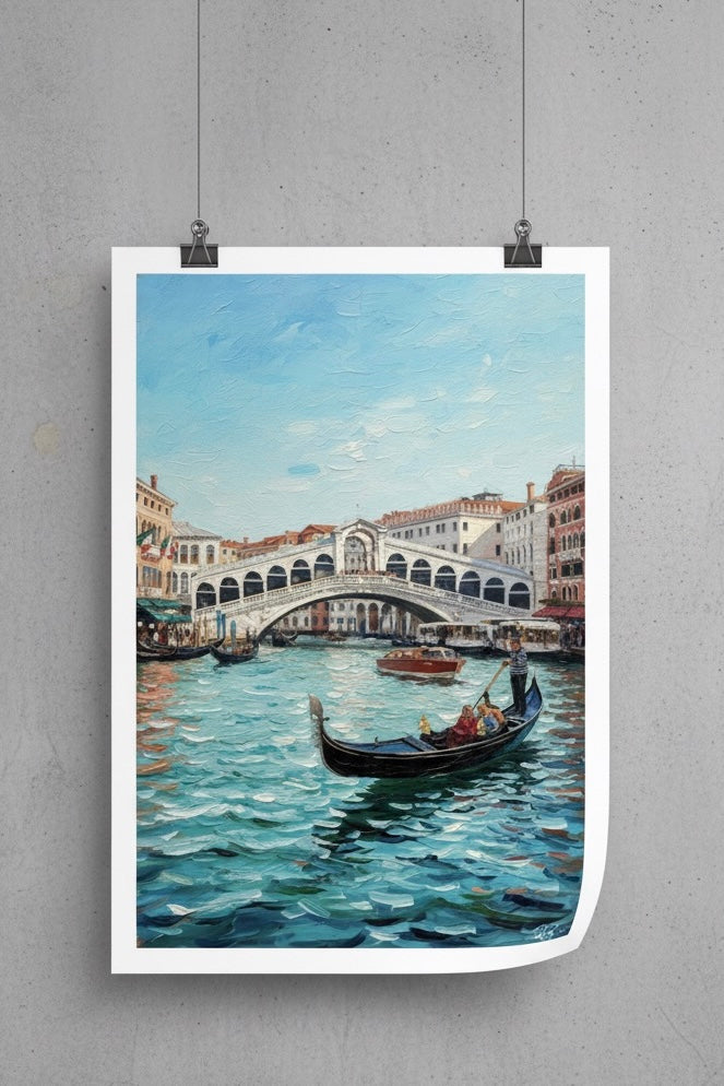Poster of a Venice scene with gondolas and the Rialto Bridge on a gray wall.