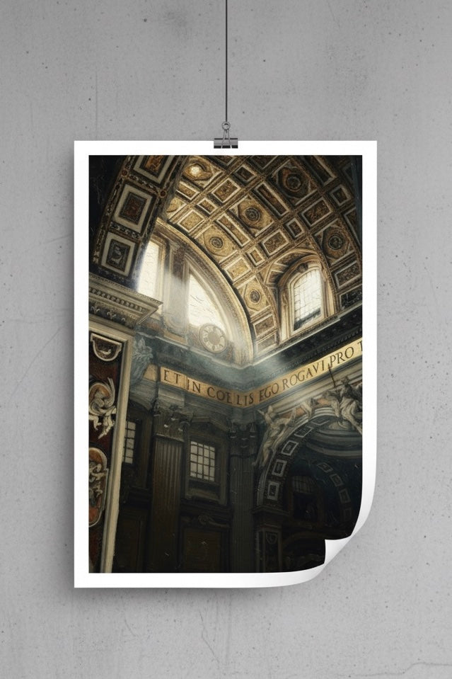Poster of a cathedral interior with intricate ceiling details on a gray wall.