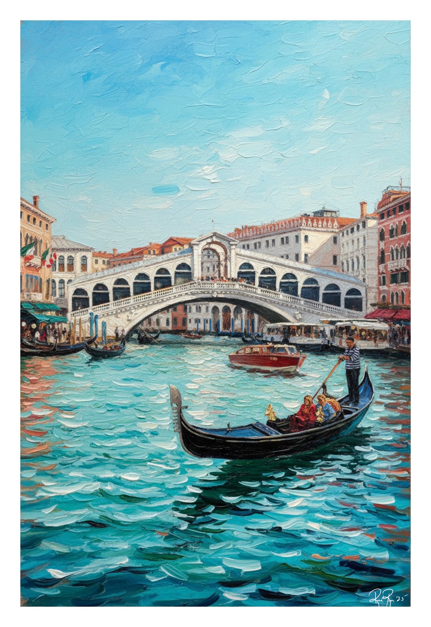 Painting of a gondola on a canal with the Rialto Bridge in the background in Venice.