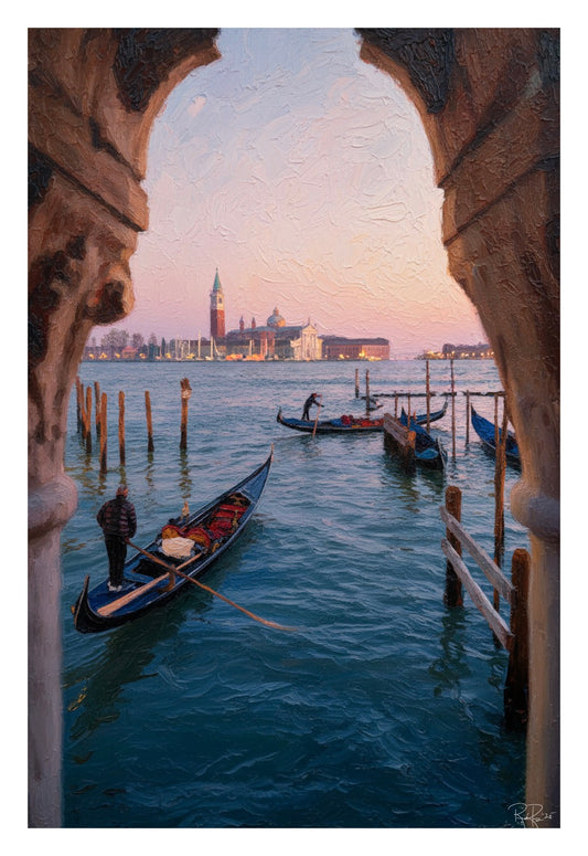 Gondolas on a canal in Venice with a view of San Giorgio Maggiore church.
