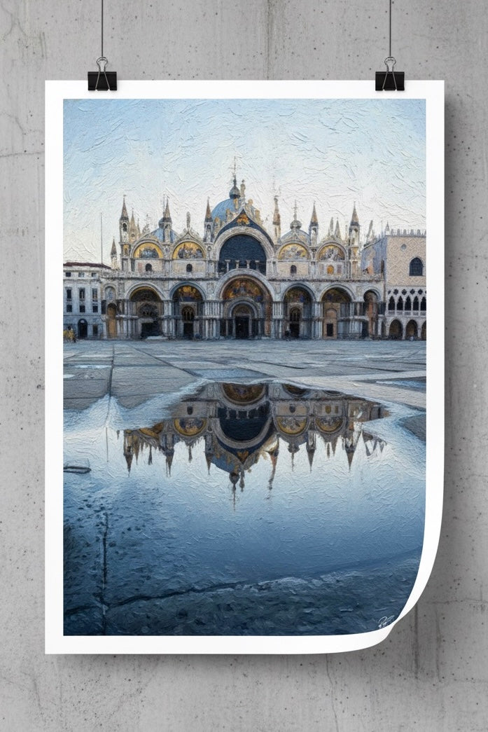 Poster of a large architectural building with a reflective surface below it on a concrete wall.