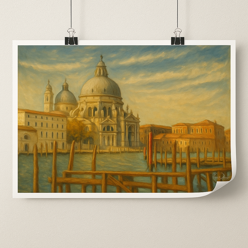 Painting of a famous landmark with a dome and waterfront scene.