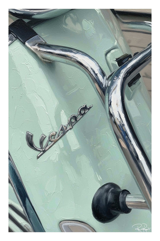 Close-up of a Vespa scooter with chrome details and logo.