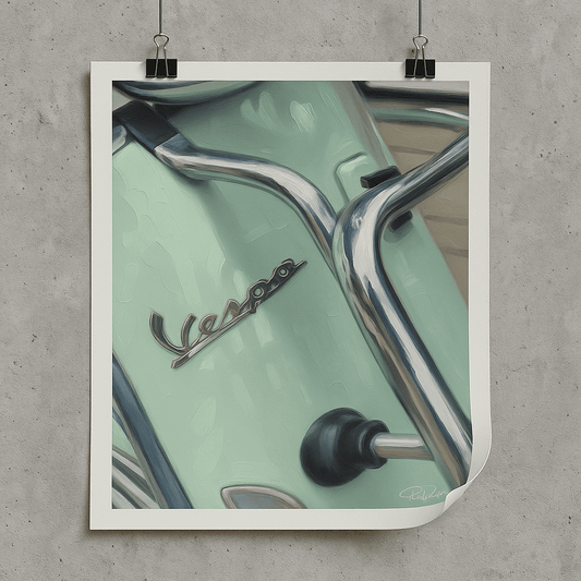 Poster of a Vespa scooter on a concrete wall
