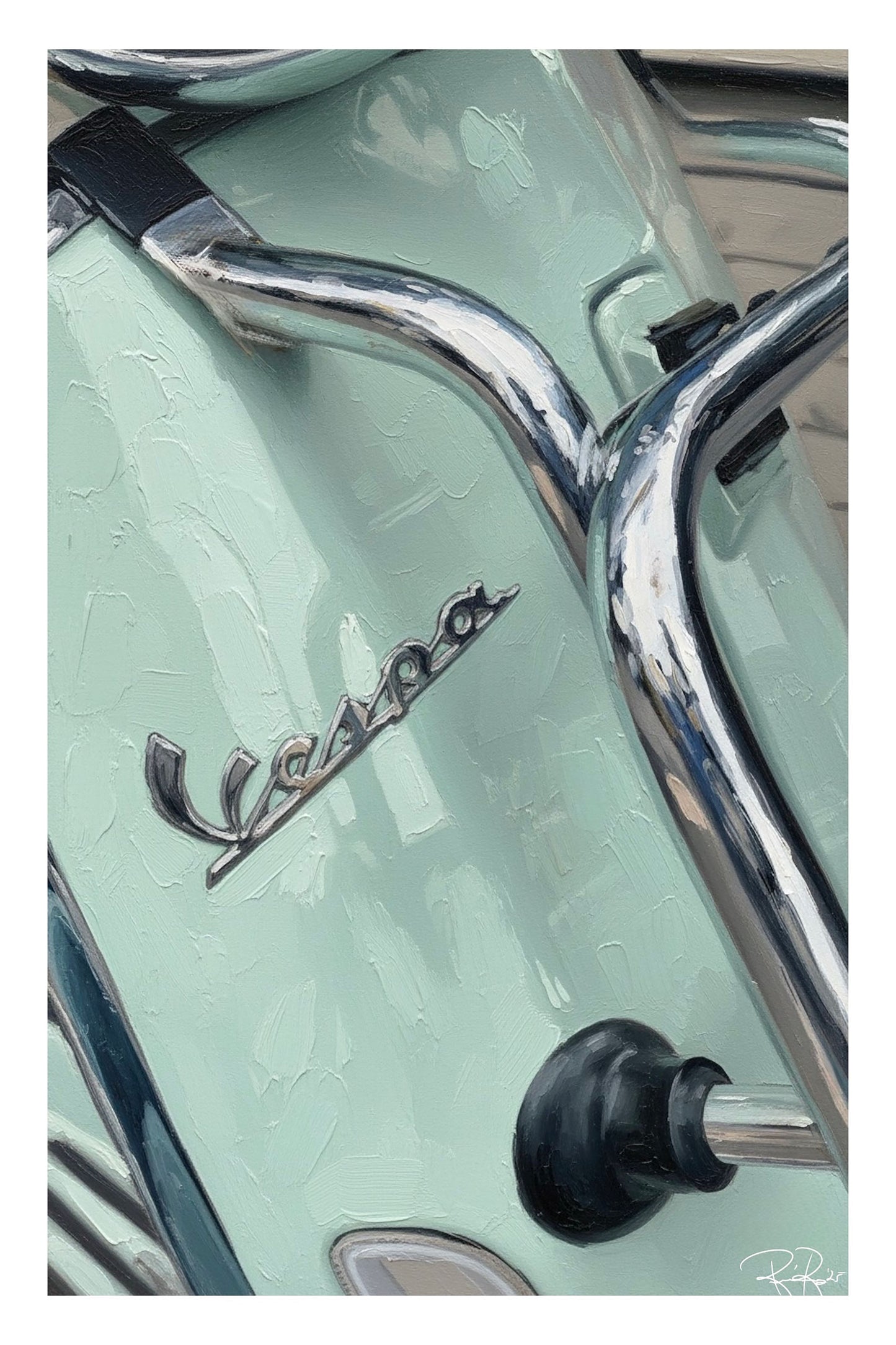 Close-up of a Vespa scooter with chrome details and logo.