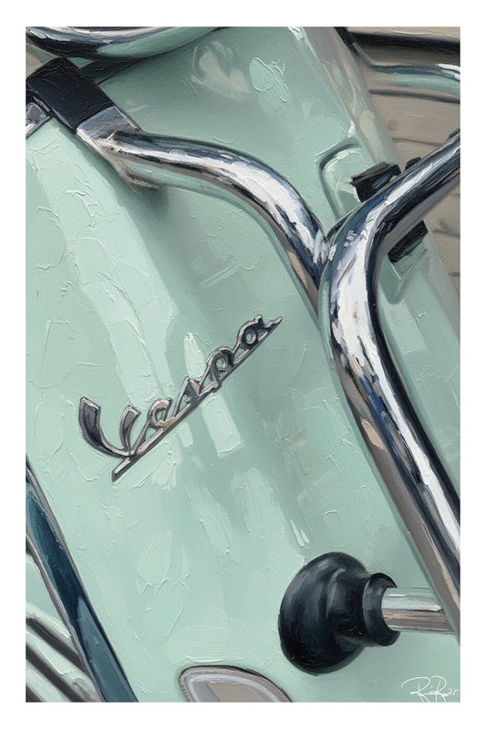 Close-up of a Vespa scooter with chrome details and logo.