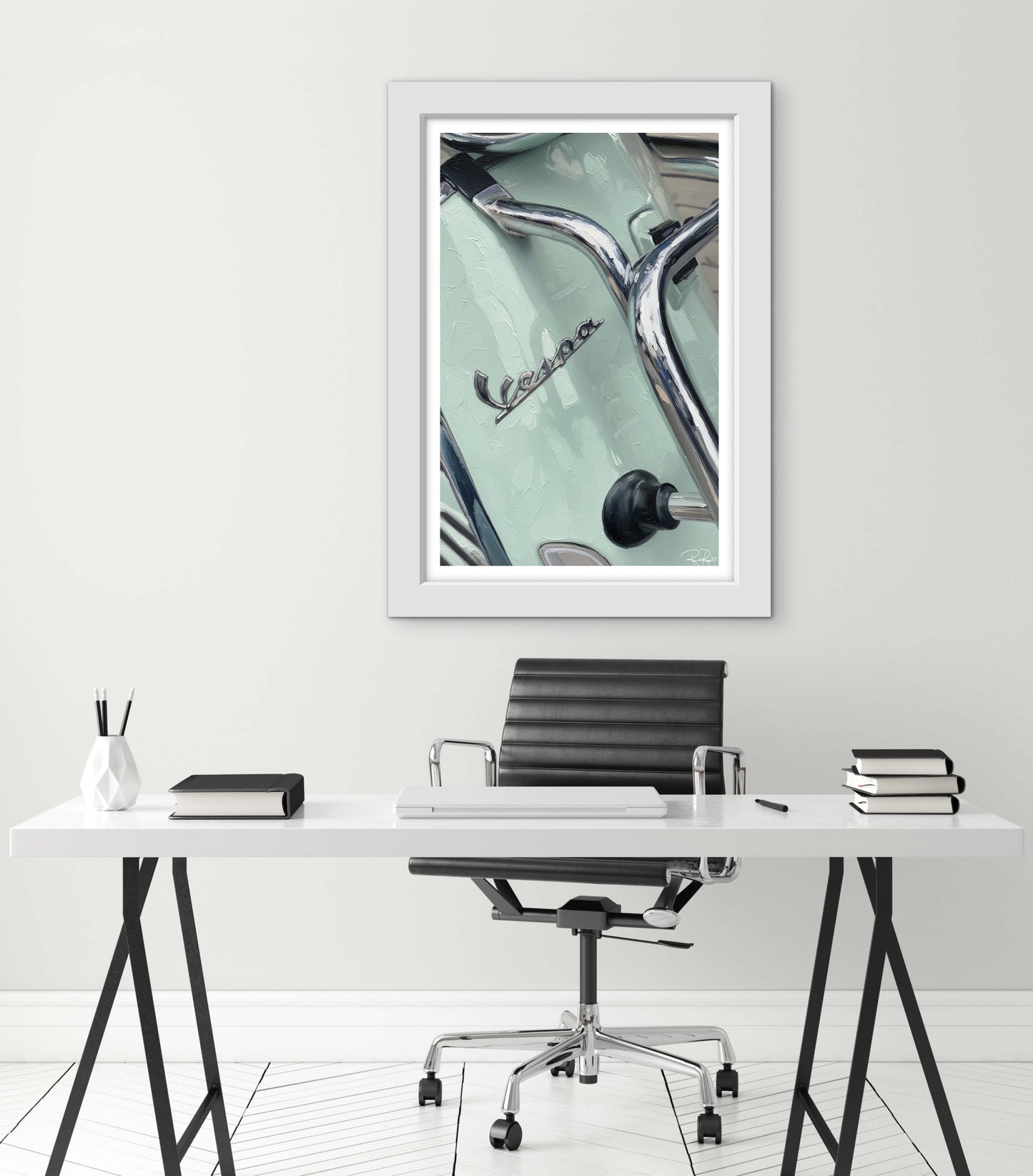 Framed artwork of a vintage car on a wall above a desk with office furniture.