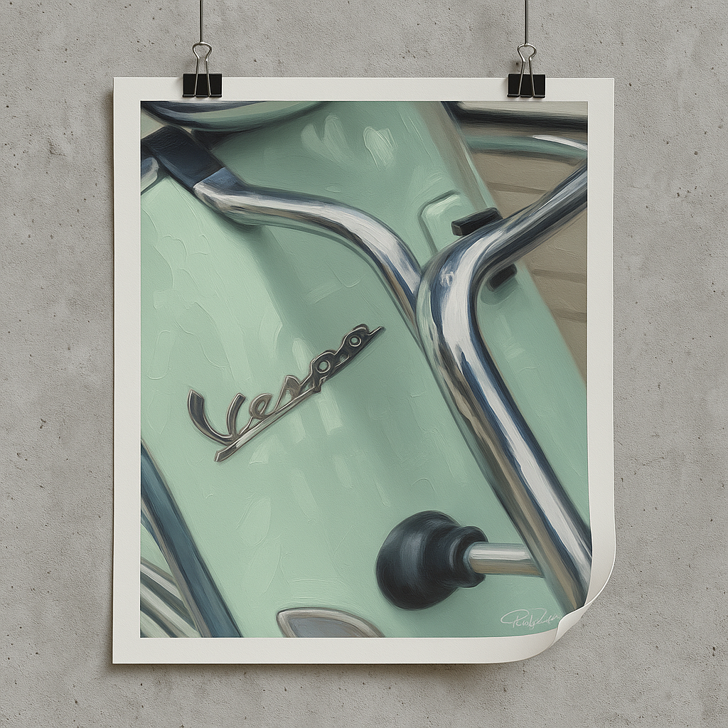 Poster of a Vespa scooter on a concrete wall