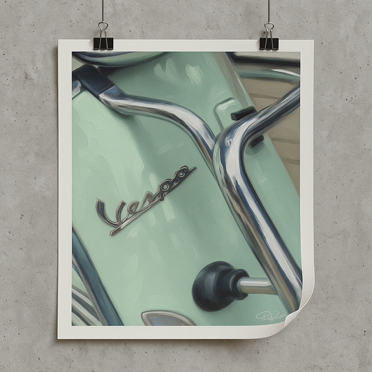 Poster of a Vespa scooter on a concrete wall