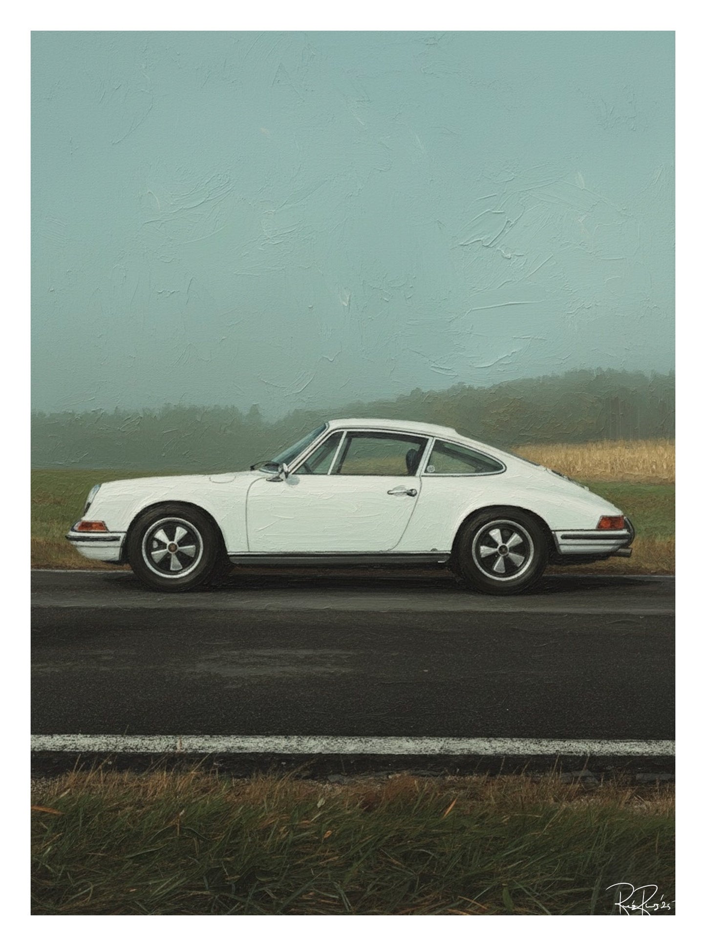White vintage car on a road with a misty landscape