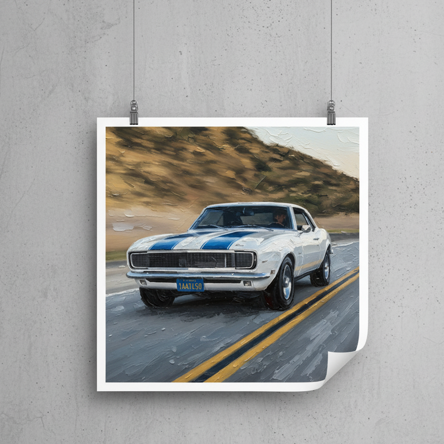 Poster of a classic car on a road with mountains in the background, hanging on a textured wall.