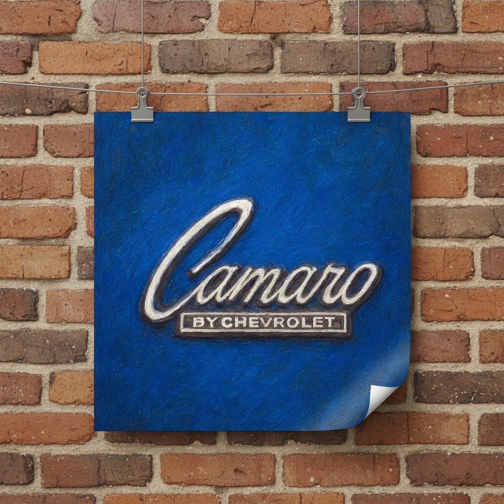 Blue 'Camaro by Chevrolet' banner hanging on a brick wall