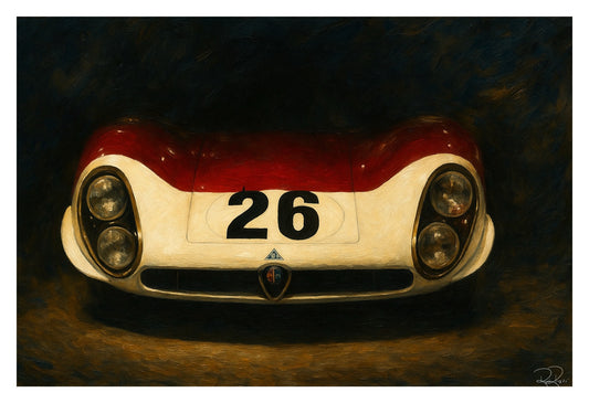 Vintage race car with number 26 on a dark background