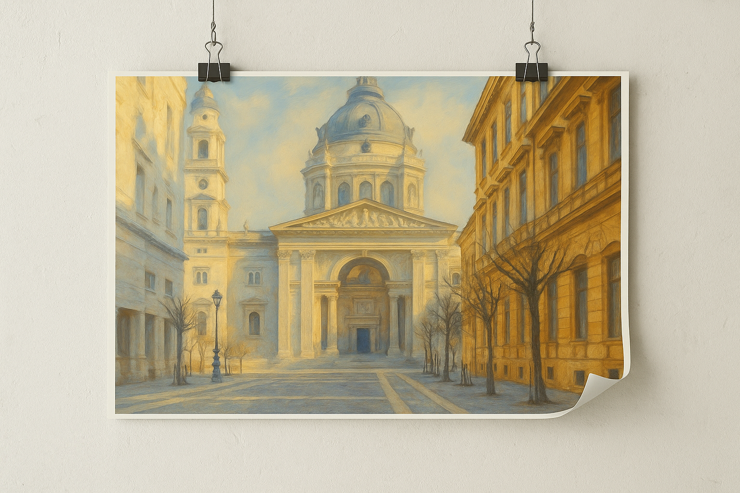 Poster of a classical building with a dome on a beige wall