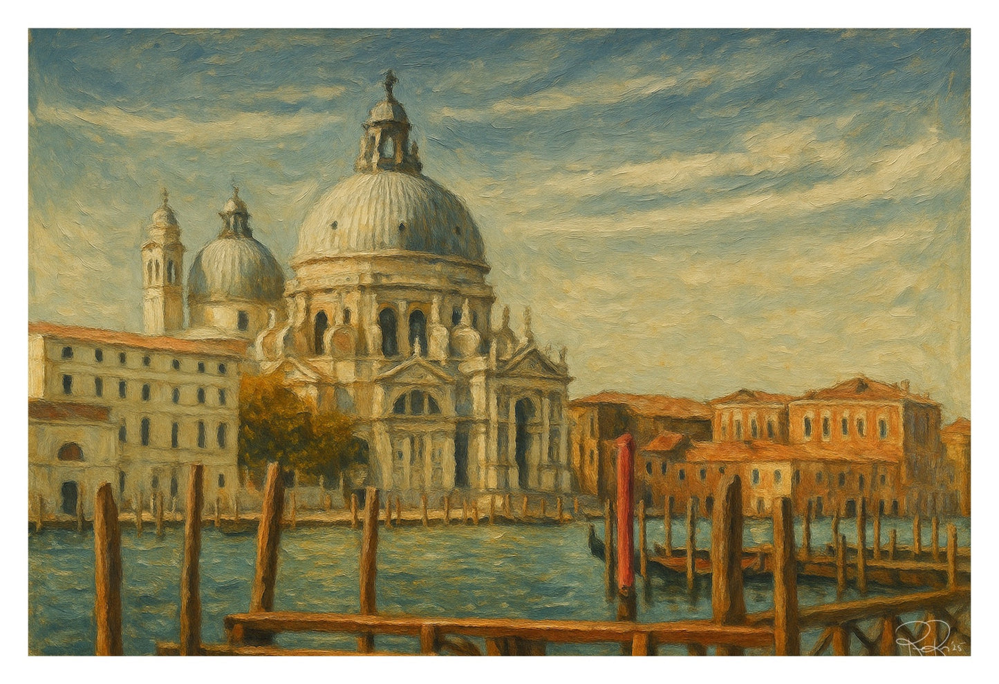 Painting of a large domed building in an urban setting with water and docks in the foreground.