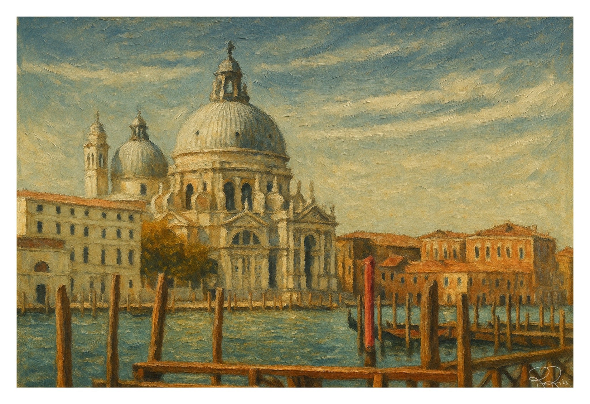 Painting of a large domed building in an urban setting with water and docks in the foreground.