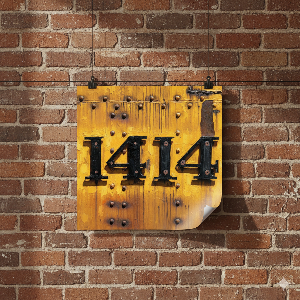 Yellow sign with '1414' on a brick wall