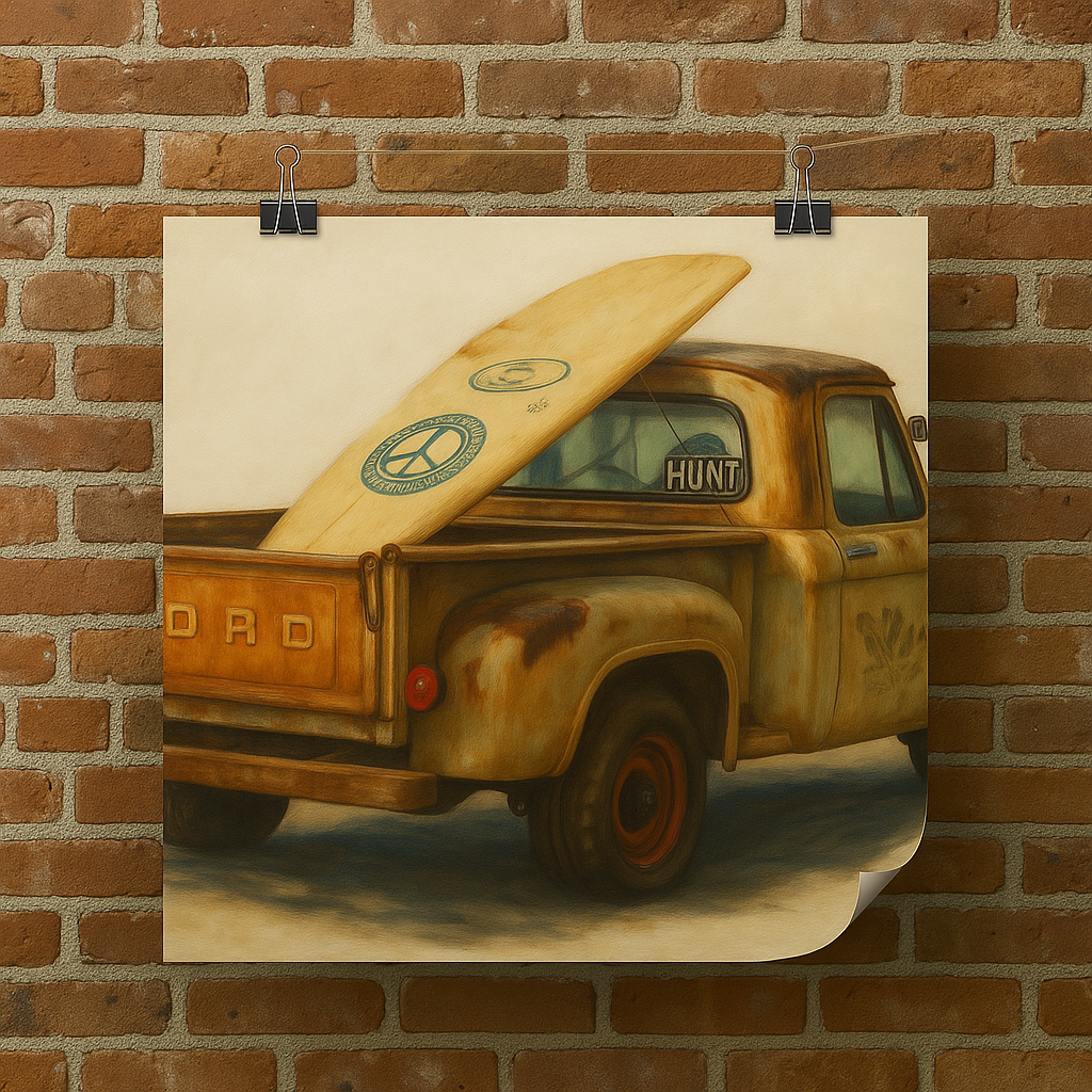 Painting of a rusted truck with a surfboard in the bed, mounted on a brick wall.