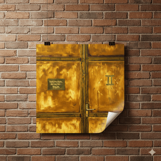 Decorative gold door on a brick wall