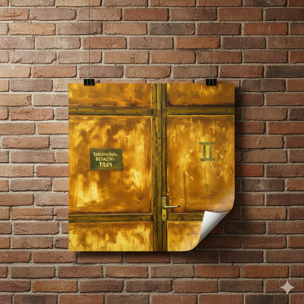 Decorative gold door on a brick wall