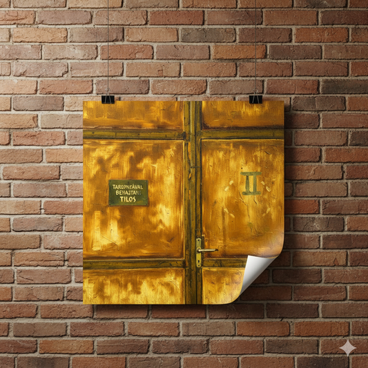 Decorative gold door on a brick wall